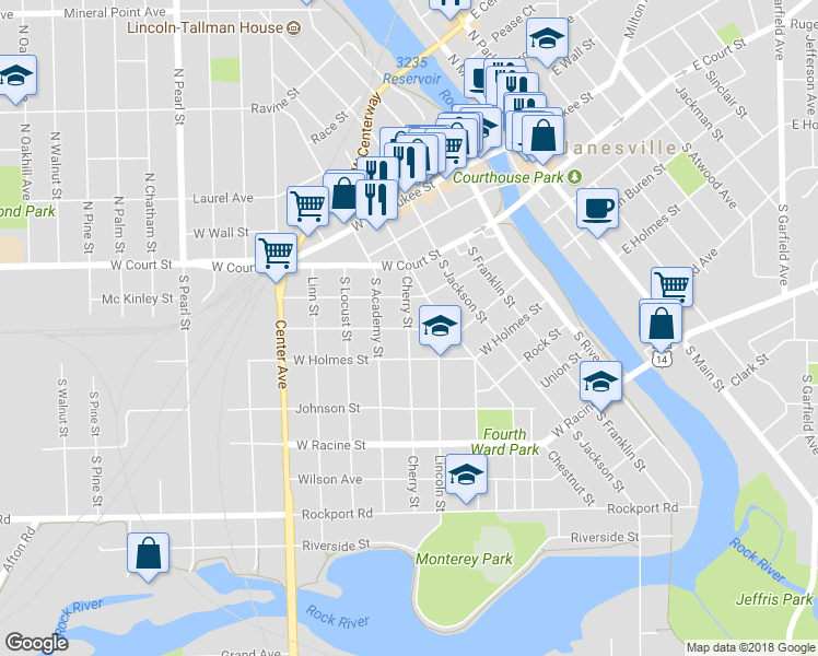 map of restaurants, bars, coffee shops, grocery stores, and more near 199 Cherry Street in Janesville
