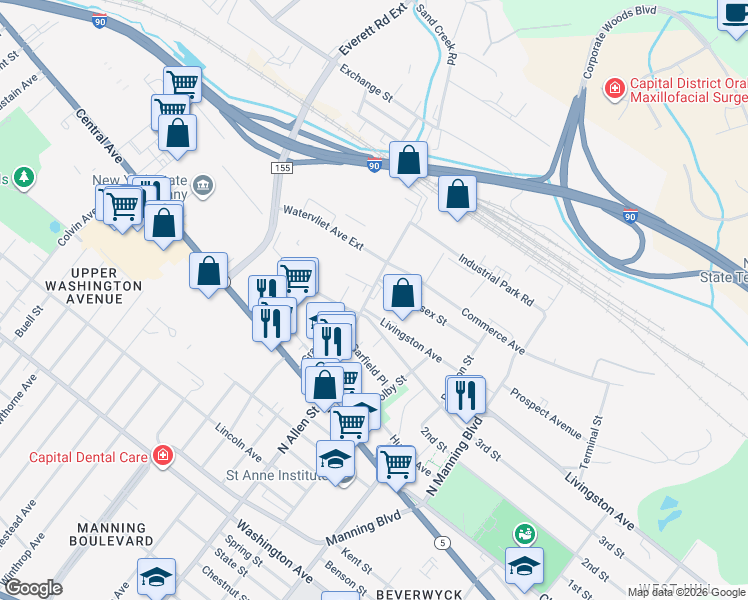 map of restaurants, bars, coffee shops, grocery stores, and more near 90 Watervliet Avenue in Albany