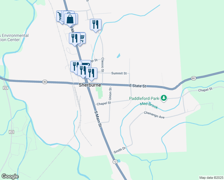 map of restaurants, bars, coffee shops, grocery stores, and more near 16 E State St in Sherburne