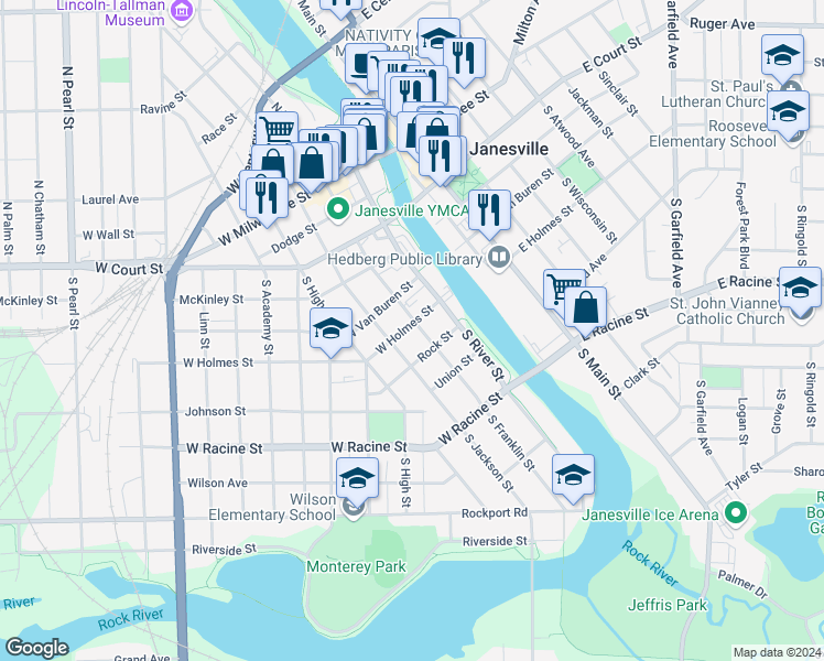 map of restaurants, bars, coffee shops, grocery stores, and more near 252 South Franklin Street in Janesville