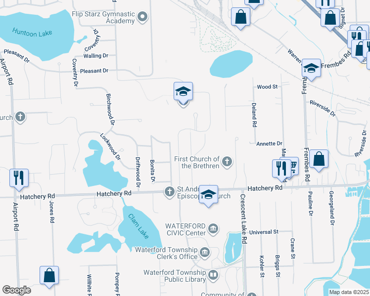 map of restaurants, bars, coffee shops, grocery stores, and more near 2560 Bonita Drive in Waterford Township