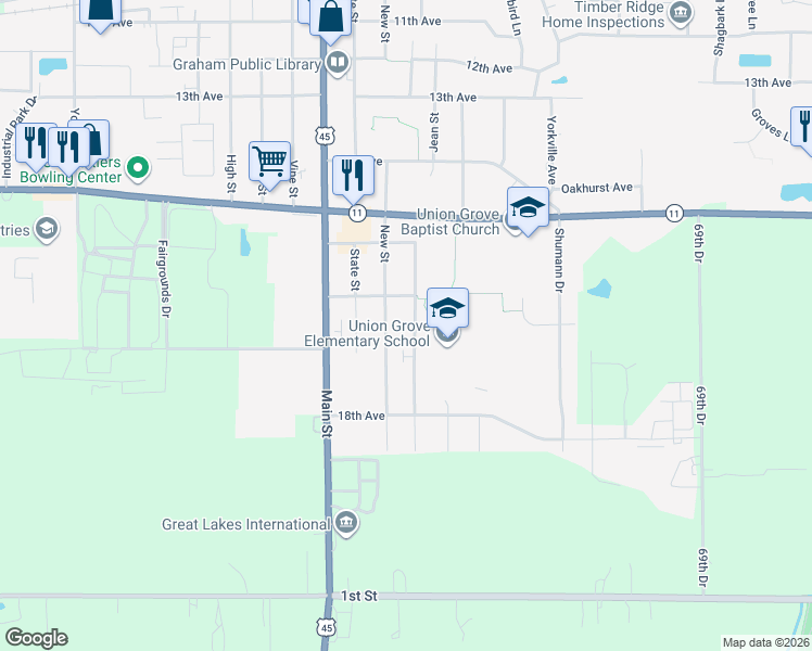 map of restaurants, bars, coffee shops, grocery stores, and more near 1718 Milldrum Street in Union Grove