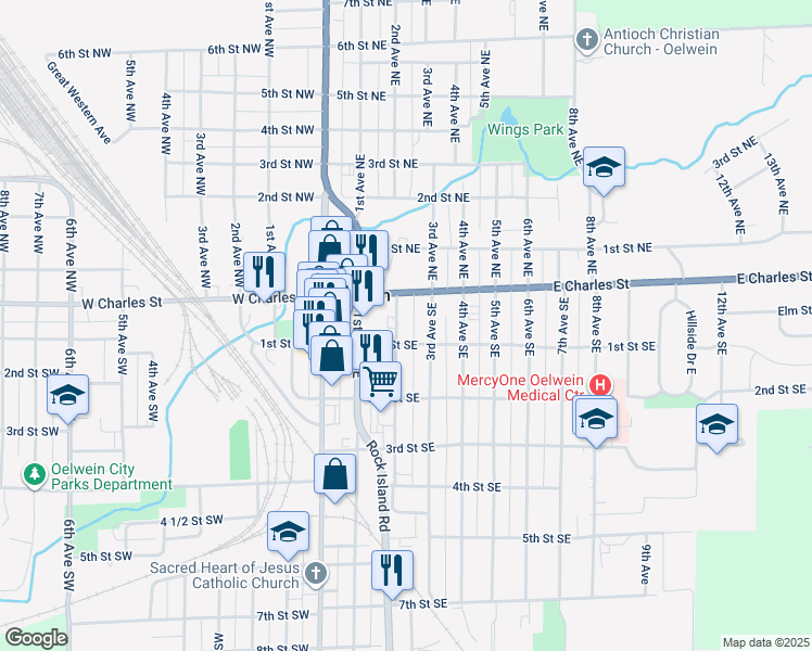 map of restaurants, bars, coffee shops, grocery stores, and more near 14-18 3rd Avenue Southeast in Oelwein