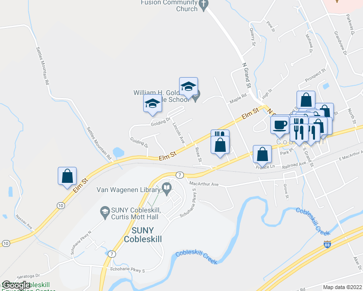 map of restaurants, bars, coffee shops, grocery stores, and more near 186 Elm Street in Cobleskill