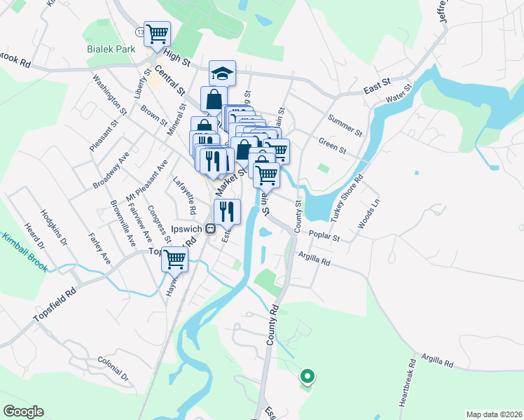 map of restaurants, bars, coffee shops, grocery stores, and more near 57 South Main Street in Ipswich