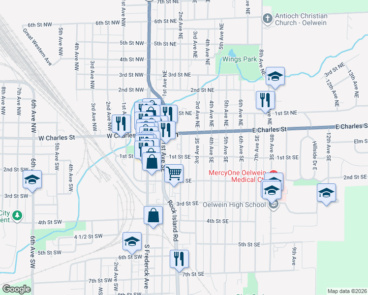 map of restaurants, bars, coffee shops, grocery stores, and more near 14-18 3rd Avenue Southeast in Oelwein