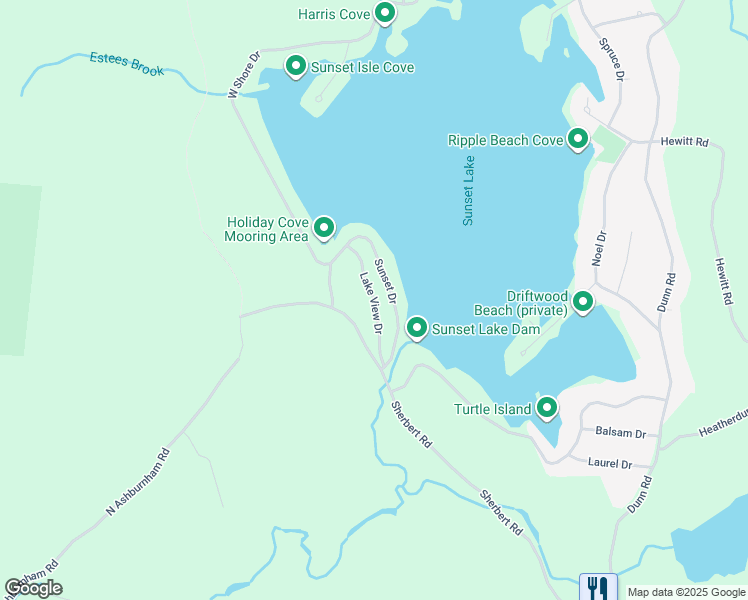 map of restaurants, bars, coffee shops, grocery stores, and more near 18 Lake View Drive in Ashburnham