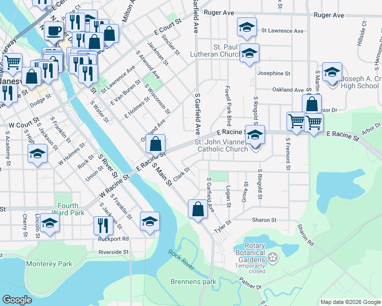 map of restaurants, bars, coffee shops, grocery stores, and more near 329 Home Park Avenue in Janesville