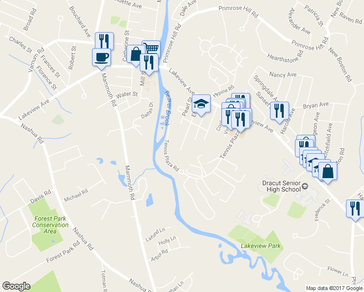 map of restaurants, bars, coffee shops, grocery stores, and more near 97 Elm Street in Dracut