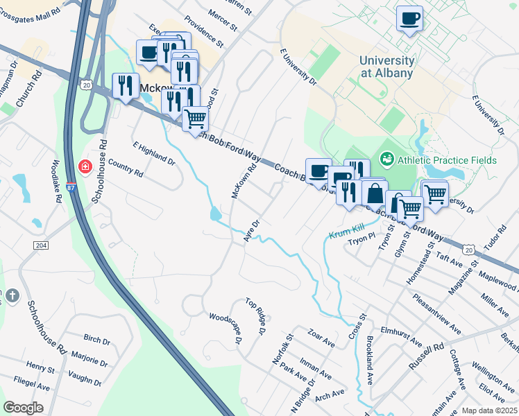map of restaurants, bars, coffee shops, grocery stores, and more near 3 Williams Court in Albany