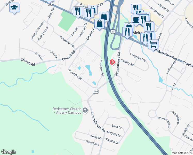 map of restaurants, bars, coffee shops, grocery stores, and more near Aspen Ct in Albany