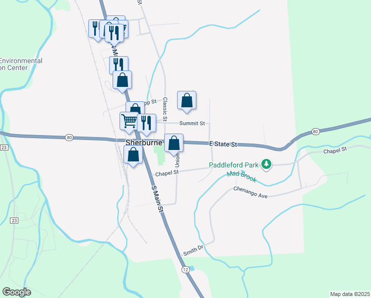 map of restaurants, bars, coffee shops, grocery stores, and more near 16 E State St in Sherburne