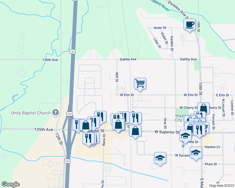 map of restaurants, bars, coffee shops, grocery stores, and more near 410 Mill Street in Wayland
