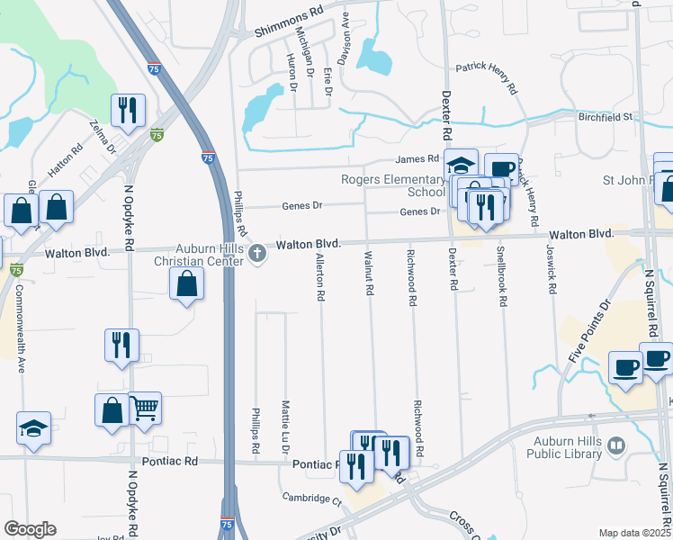 map of restaurants, bars, coffee shops, grocery stores, and more near 2464 Allerton Road in Auburn Hills