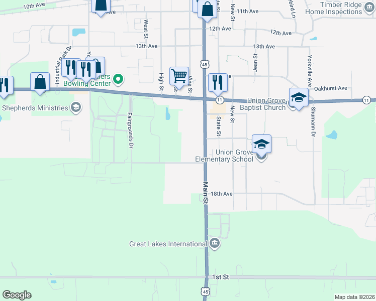 map of restaurants, bars, coffee shops, grocery stores, and more near 1710 Main Street in Union Grove