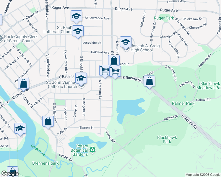 map of restaurants, bars, coffee shops, grocery stores, and more near 535 South Randall Avenue in Janesville