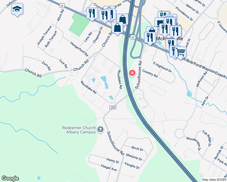 map of restaurants, bars, coffee shops, grocery stores, and more near 55 Woodlake Road in Albany