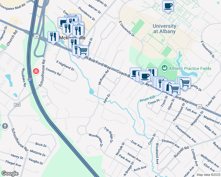 map of restaurants, bars, coffee shops, grocery stores, and more near 3 Williams Court in Albany