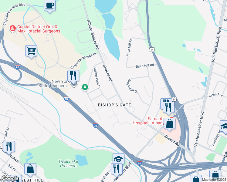 map of restaurants, bars, coffee shops, grocery stores, and more near 180 Shaker Road in Albany