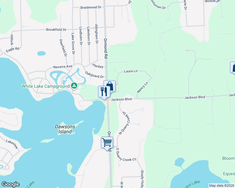 map of restaurants, bars, coffee shops, grocery stores, and more near 4230 Laura Lane in White Lake charter Township