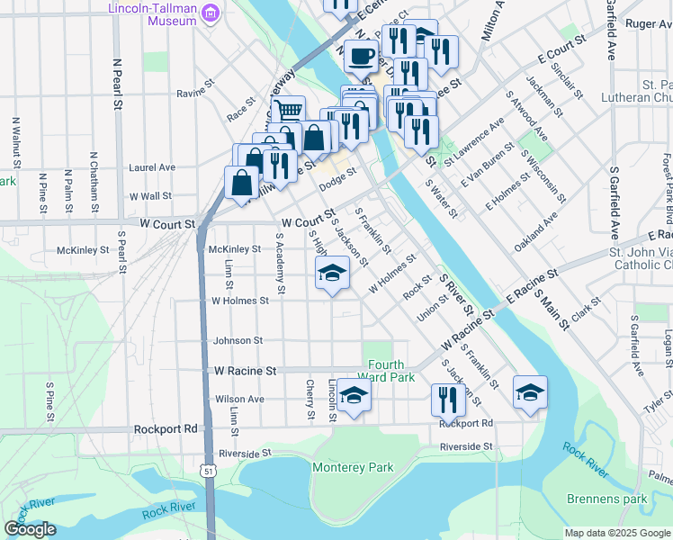 map of restaurants, bars, coffee shops, grocery stores, and more near 183 South High Street in Janesville