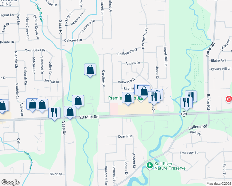 map of restaurants, bars, coffee shops, grocery stores, and more near 51247 Nicolette Drive in New Baltimore