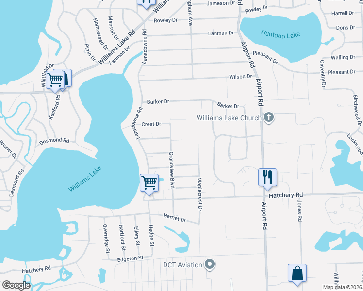 map of restaurants, bars, coffee shops, grocery stores, and more near 2740 Grandview Boulevard in Waterford Township