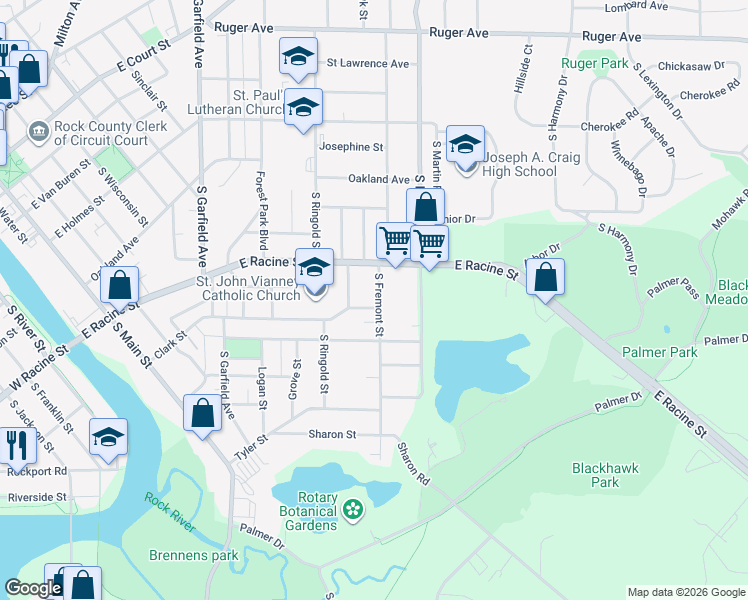 map of restaurants, bars, coffee shops, grocery stores, and more near 527 South Blackhawk Street in Janesville