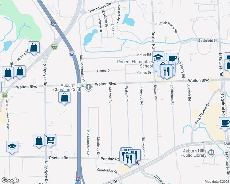 map of restaurants, bars, coffee shops, grocery stores, and more near 2464 Allerton Road in Auburn Hills