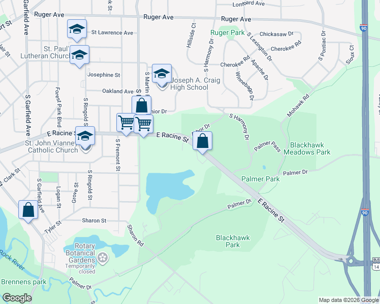 map of restaurants, bars, coffee shops, grocery stores, and more near 1916 East Racine Street in Janesville