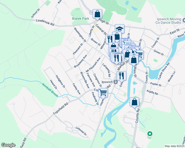 map of restaurants, bars, coffee shops, grocery stores, and more near 28 Mount Pleasant Avenue in Ipswich