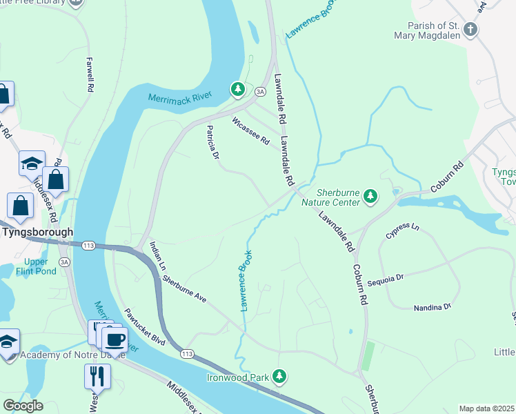 map of restaurants, bars, coffee shops, grocery stores, and more near 4 Patricia Drive in Tyngsborough