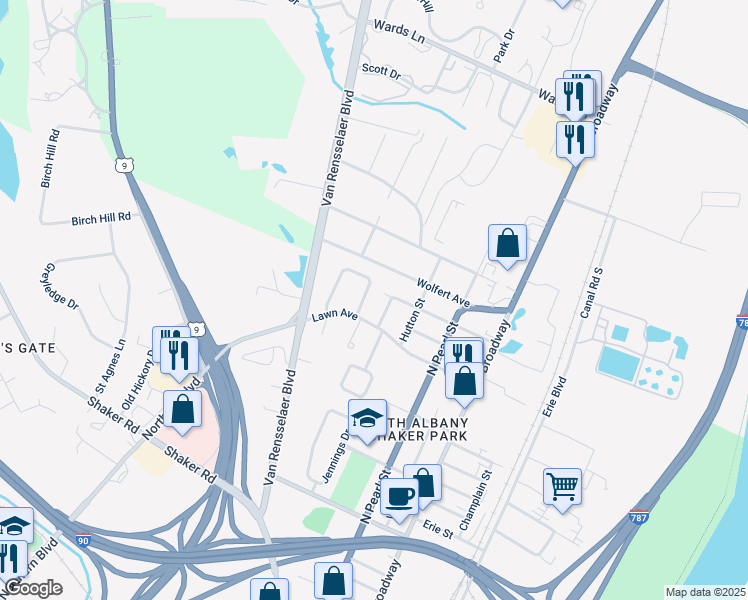 map of restaurants, bars, coffee shops, grocery stores, and more near 47 Thomas Street in Albany