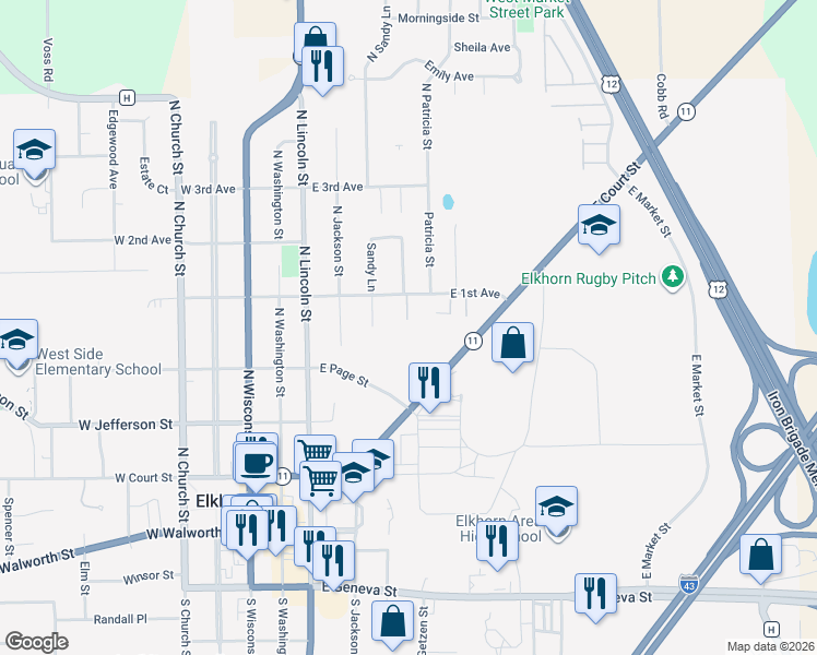 map of restaurants, bars, coffee shops, grocery stores, and more near 419 East 1st Avenue in Elkhorn