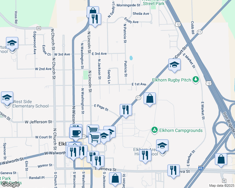 map of restaurants, bars, coffee shops, grocery stores, and more near 419 East 1st Avenue in Elkhorn