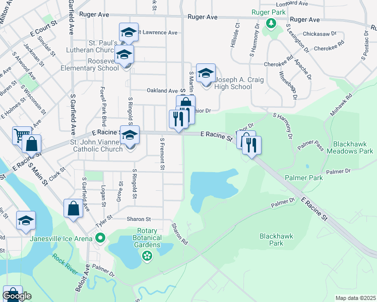 map of restaurants, bars, coffee shops, grocery stores, and more near 535 South Randall Avenue in Janesville