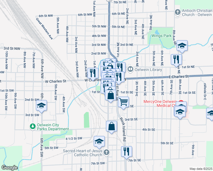 map of restaurants, bars, coffee shops, grocery stores, and more near 2-98 South Frederick Avenue in Oelwein