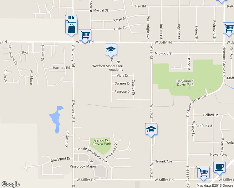 map of restaurants, bars, coffee shops, grocery stores, and more near 3421 Penrose Drive in Lansing