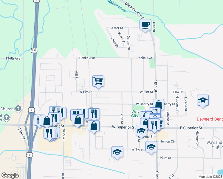 map of restaurants, bars, coffee shops, grocery stores, and more near 536 West Elm Street in Wayland