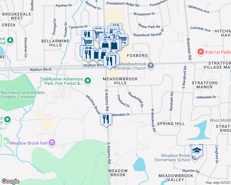 map of restaurants, bars, coffee shops, grocery stores, and more near 130 Vreeland Drive in Rochester Hills