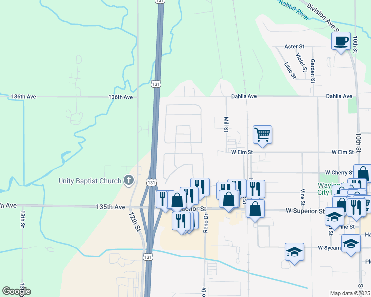 map of restaurants, bars, coffee shops, grocery stores, and more near 1135 West Superior Street in Wayland