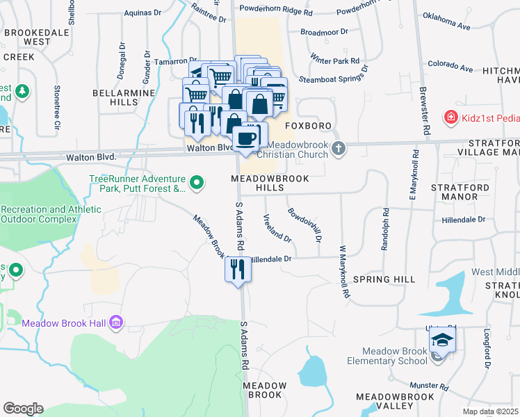 map of restaurants, bars, coffee shops, grocery stores, and more near 130 Vreeland Drive in Rochester Hills