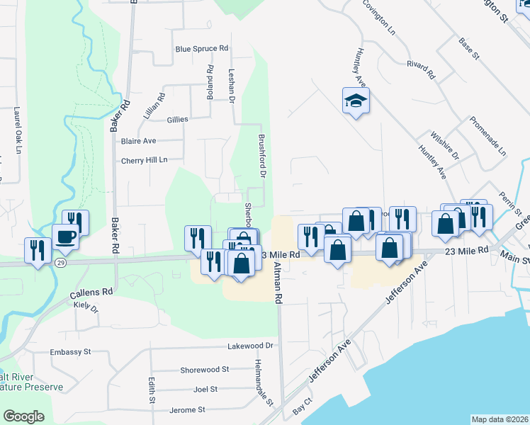 map of restaurants, bars, coffee shops, grocery stores, and more near 34862 Billericay Drive in New Baltimore