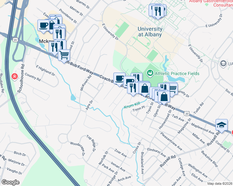map of restaurants, bars, coffee shops, grocery stores, and more near 104 Arcadia Avenue in Albany