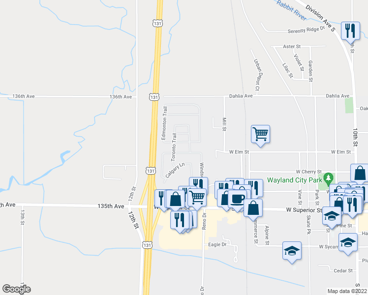 map of restaurants, bars, coffee shops, grocery stores, and more near 3554 Toronto Trail in Wayland