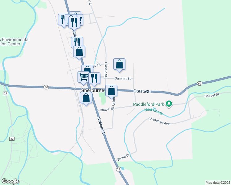 map of restaurants, bars, coffee shops, grocery stores, and more near 16 E State St in Sherburne