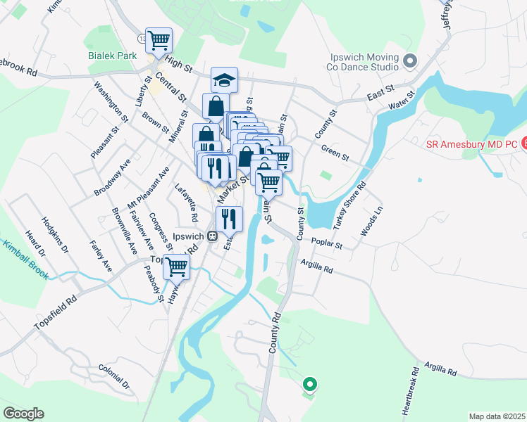 map of restaurants, bars, coffee shops, grocery stores, and more near 57 South Main Street in Ipswich