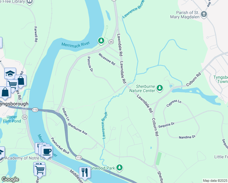map of restaurants, bars, coffee shops, grocery stores, and more near 4 Patricia Drive in Tyngsborough
