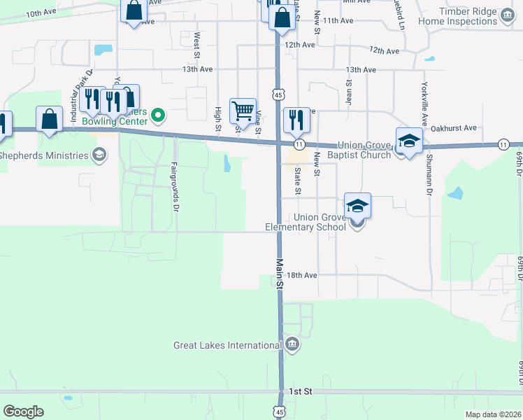 map of restaurants, bars, coffee shops, grocery stores, and more near 1710 Main St in Union Grove