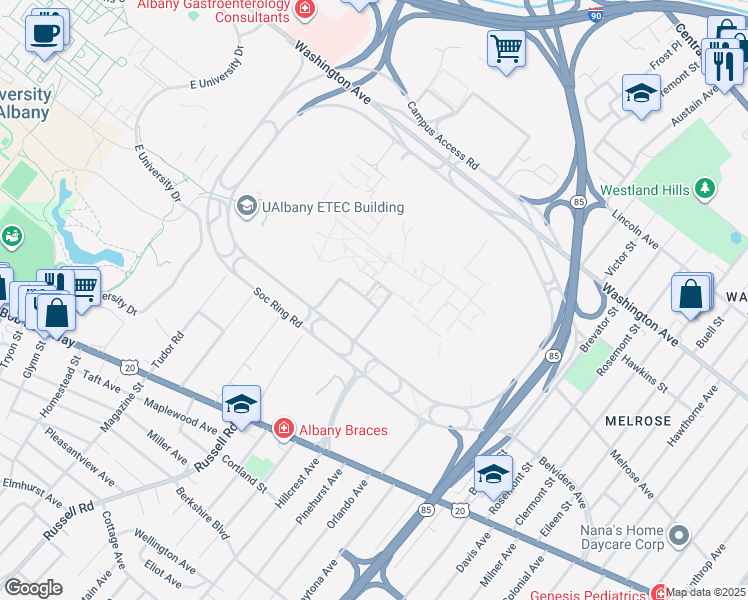 map of restaurants, bars, coffee shops, grocery stores, and more near 4 Harriman Campus Road in Albany